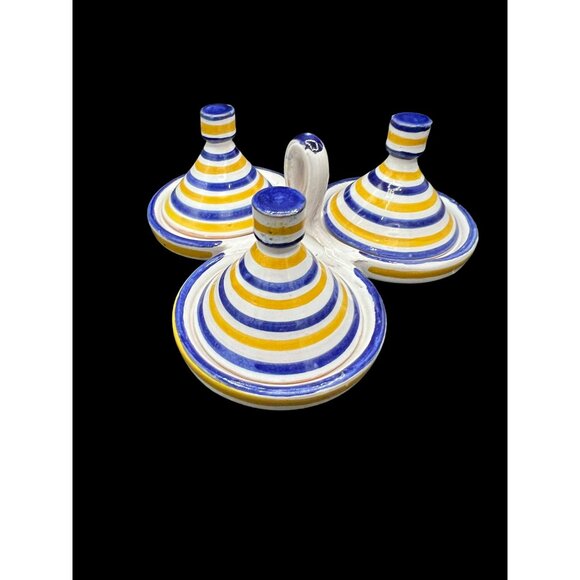 Moroccan Spice Tagine Trio Spice Holder Vintage Handmade Yellow and Blue Ceramic - Picture 8 of 8